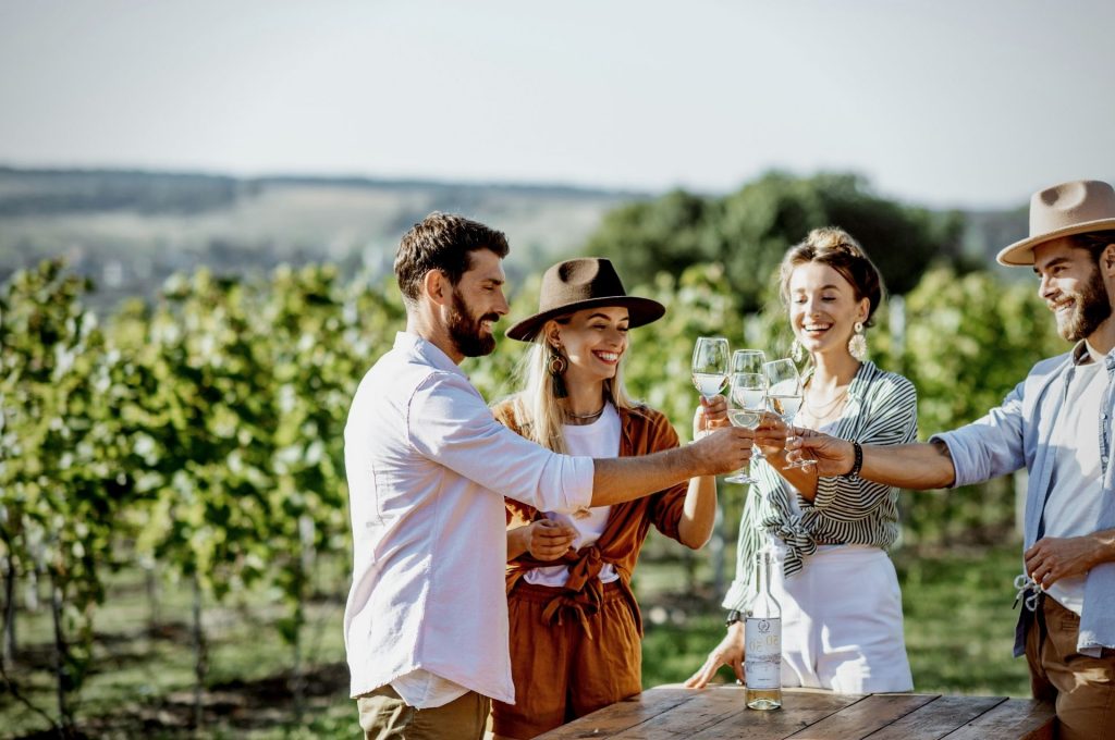 Freunde genießen Weine im Frühling zwischen den Reben.